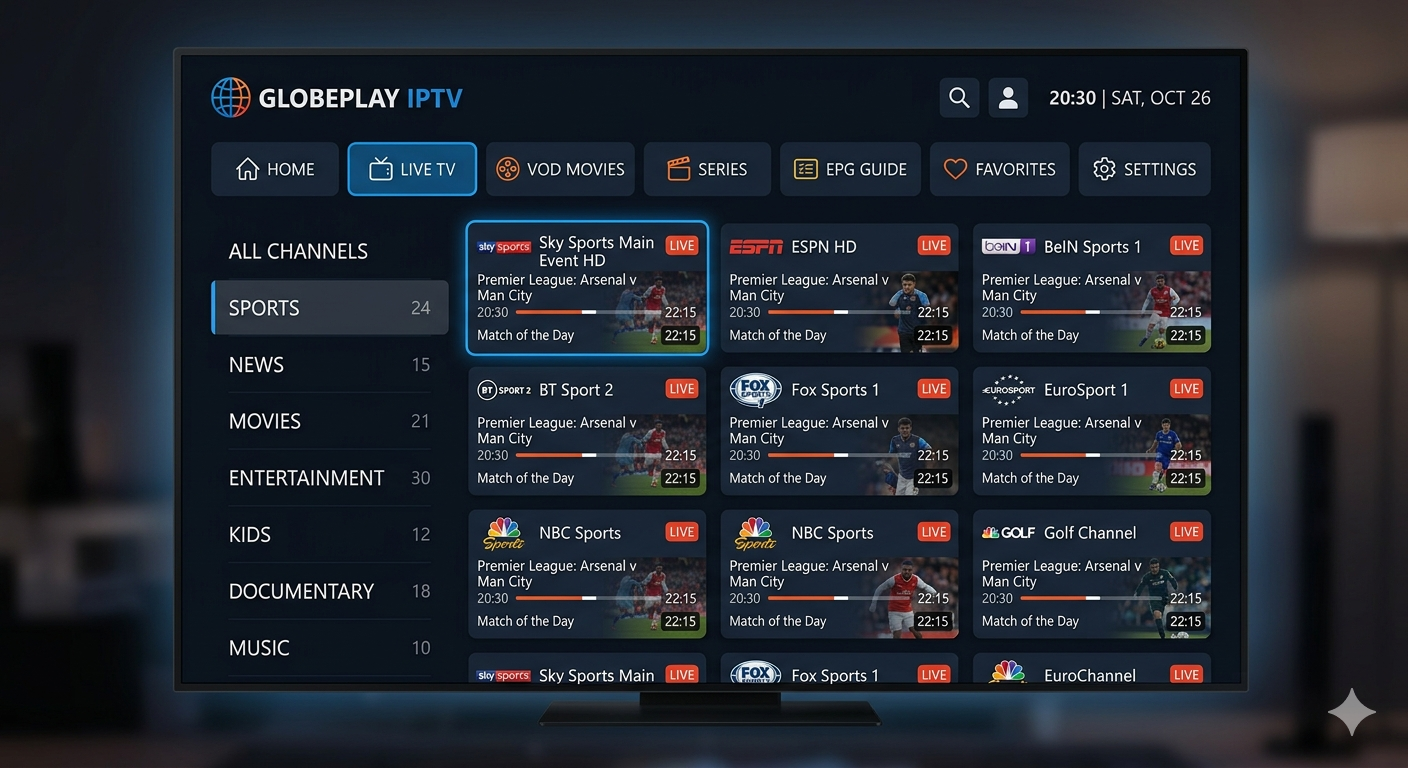 IPTV app interface showing channels and categories