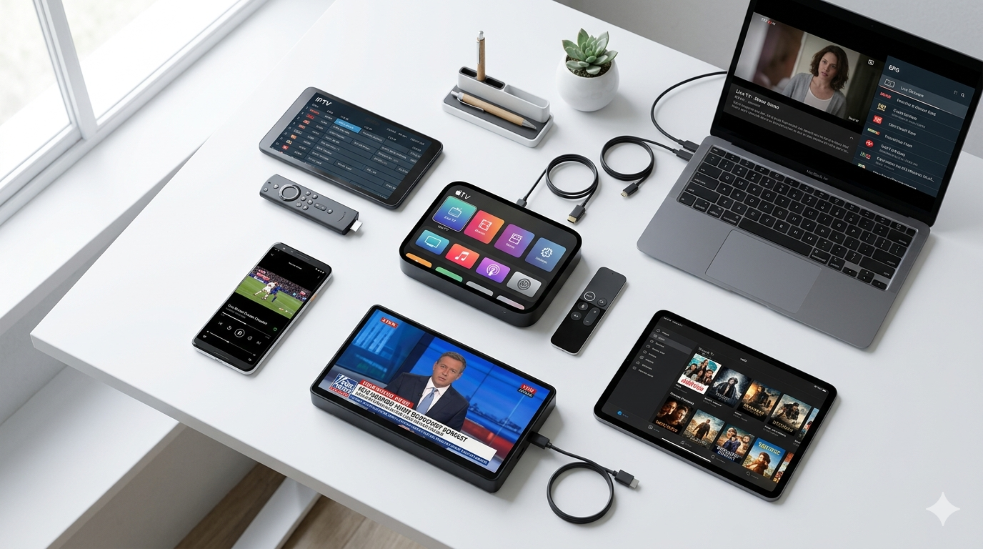 IPTV USA compatible devices including Fire TV Stick, Apple TV, Android box, and smartphone