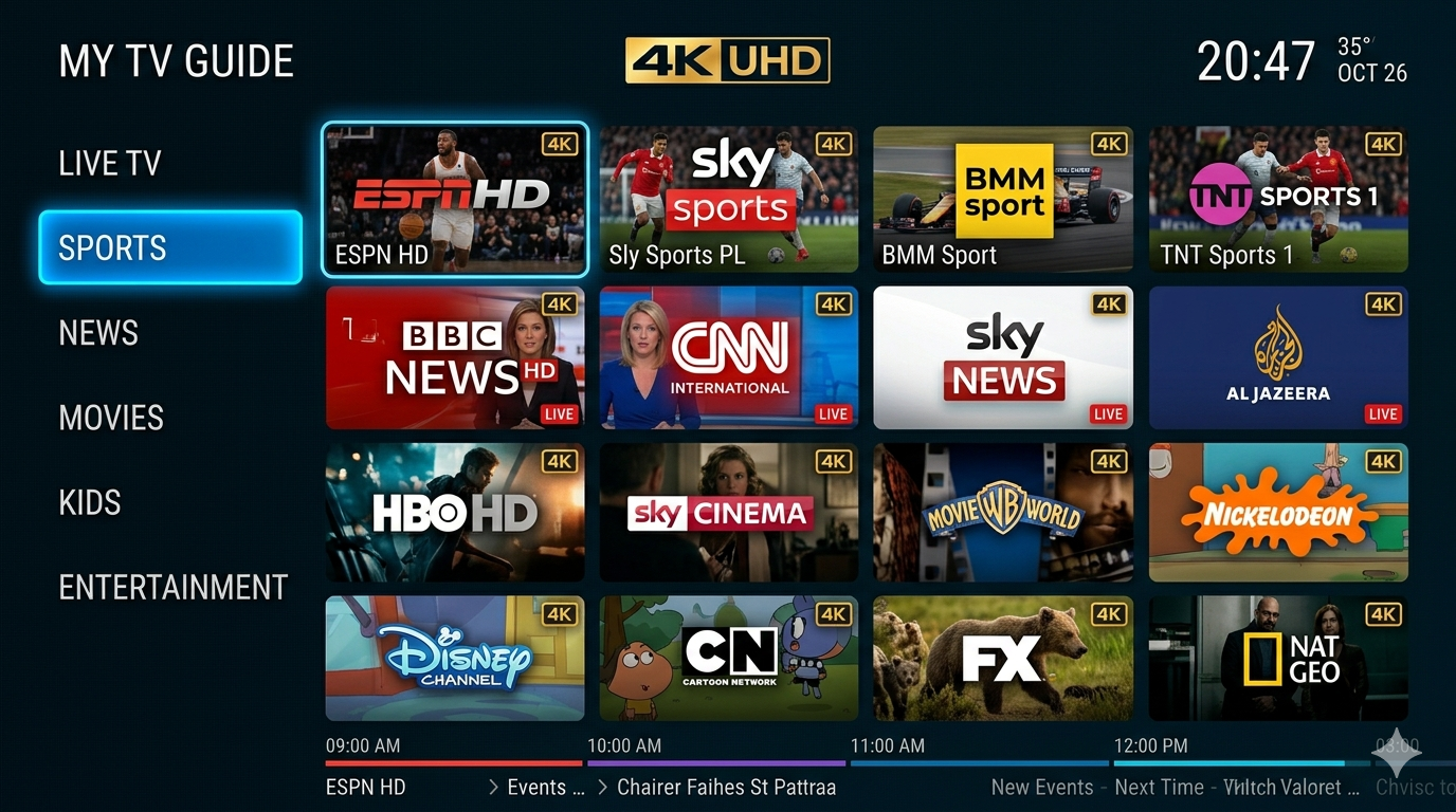 IPTV USA features dashboard showing EPG and channel categories